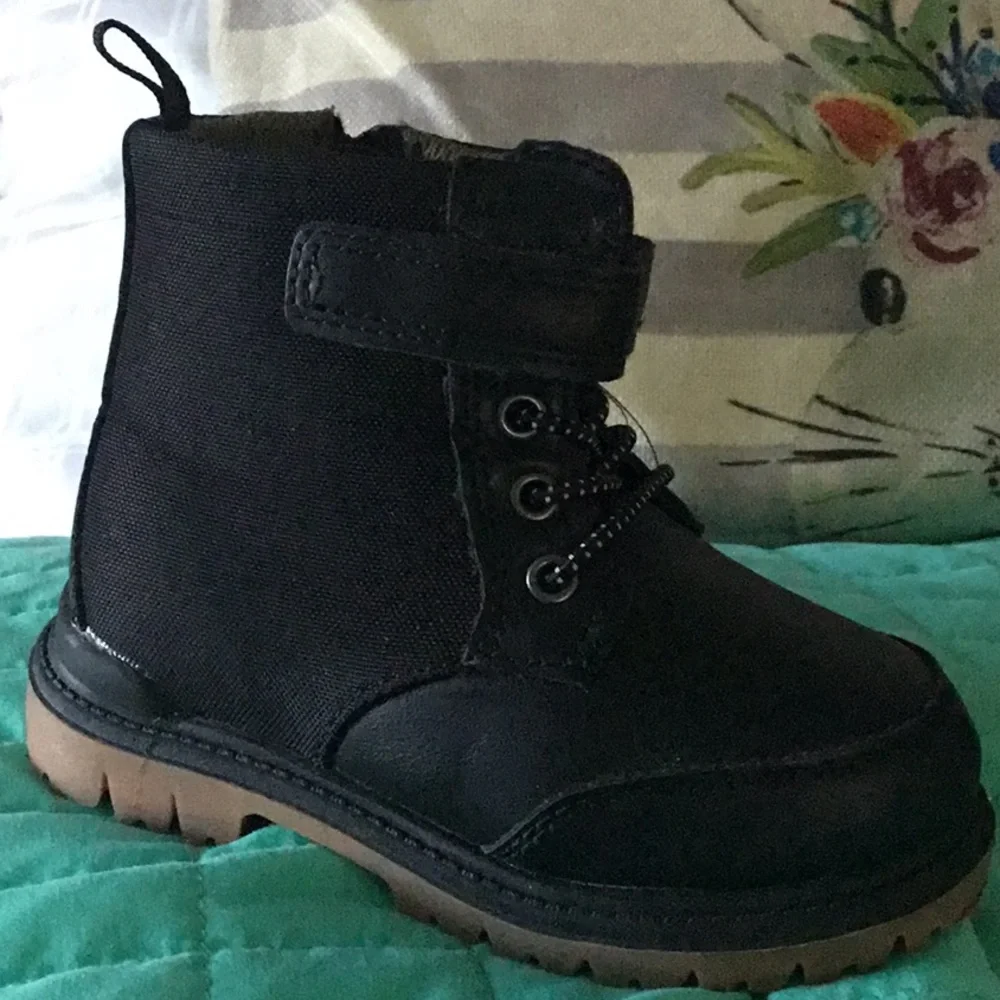 Kids Black Lace-Up Ankle Boots with Side Strap - Unbranded